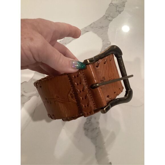 Sax Fifth Avenue Leather Brown Belt Sz S Braided Trim Embossed - Picture 7 of 8